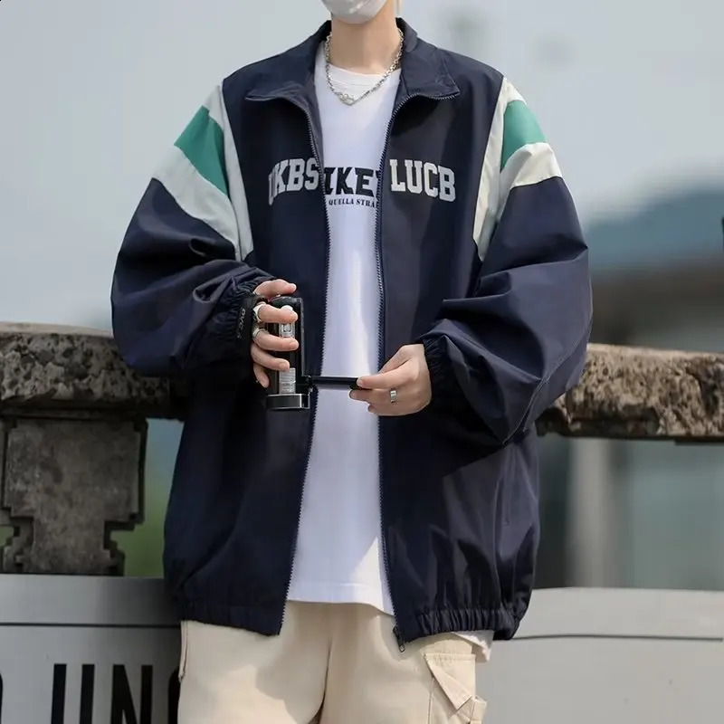 Spring and autumn mens retro patch work stand up collar jacket loose casual thin sports top fashion version baseball 240809
