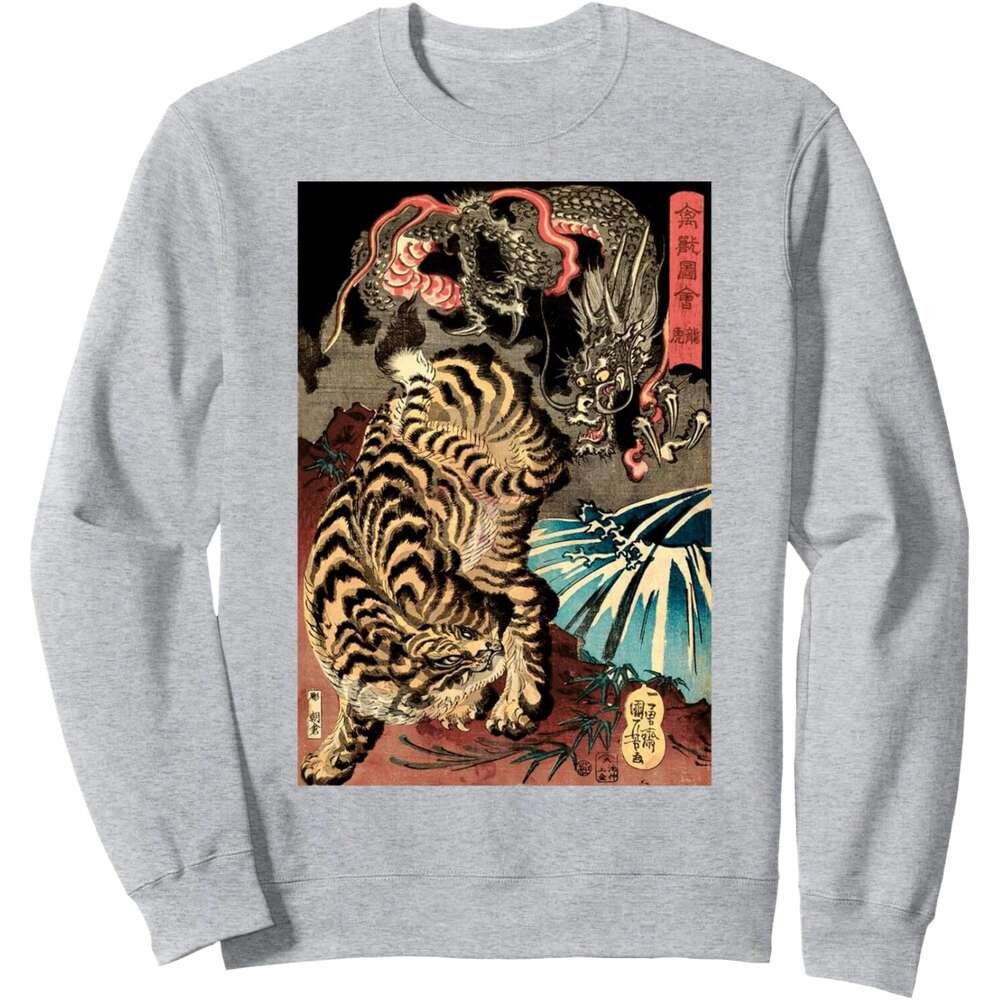 Long Sleeve Shirts For Men Sweatshirt Retro Vintage Dragon Fighting The Giant Tiger Japanese Sweatshirt Graphic Tee Streetwear Casual Tops sweatshirts