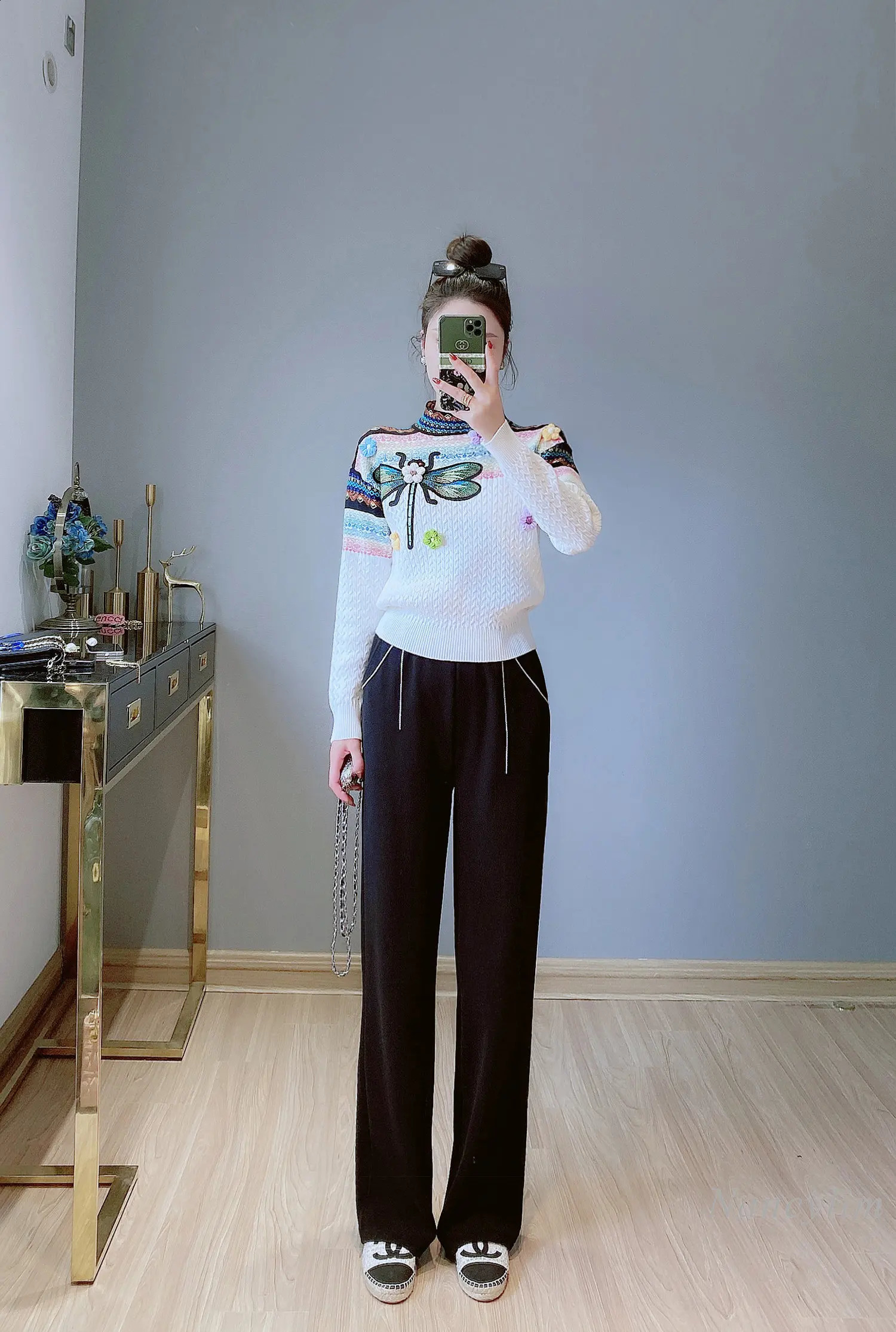 Spring Autumn Round Neck Long Sleeve Contrast Color Twist Sweater Womens Three-Dimensional Flower Dragonfly Pull Femme 240813