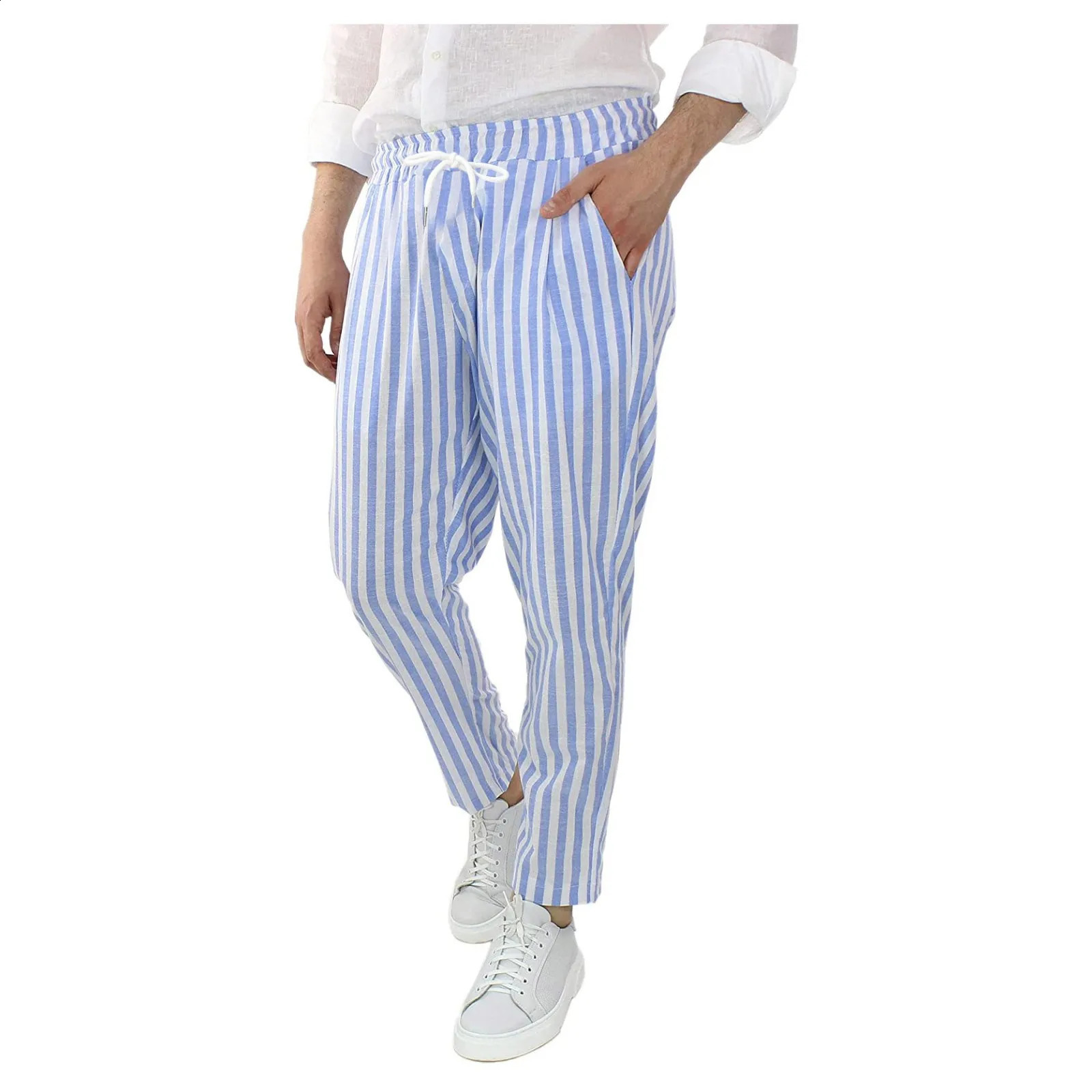 Mens Loose Casual Pants Breathable Waist Striped Cotton And Linen Trousers Comfy Daily Simple Pants Ropa Hombre 240813