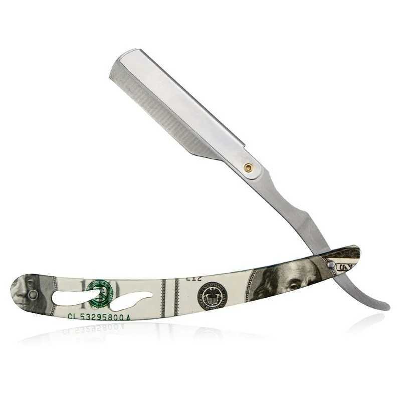 Men Classic Barber Manual Folding Beard Razor Stripes US Flag Dollar Print Stainless Steel Shaving Knife Hair Removal Tools WithM240814