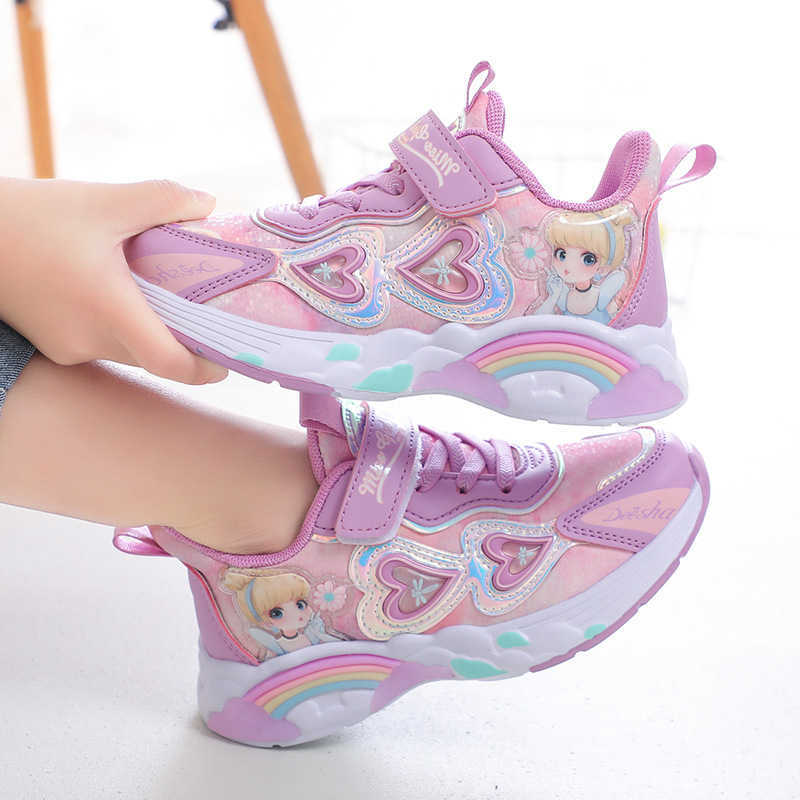 Sneakers Girls sports and leisure childrens leather single shoes 2023 Spring and Autumn Mid to Large Childrens Princess Running Shoes Trend H240805
