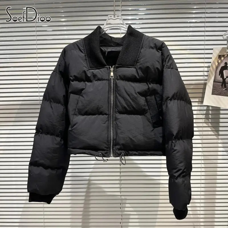 Soefdioo Casual Solid Ribbed V-Neck Zip-Up Padded Jackets Women Winter Streetwear Fashion Keep Warm Short Parkas Down Coat 240813