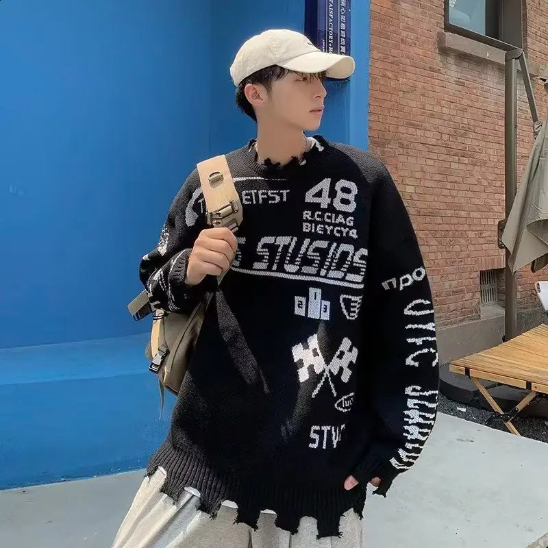 Y2k motorcycle style mens sweater Harajuku Gothic hip-hop knit pull off Korean fashion streetwear sweater 240829