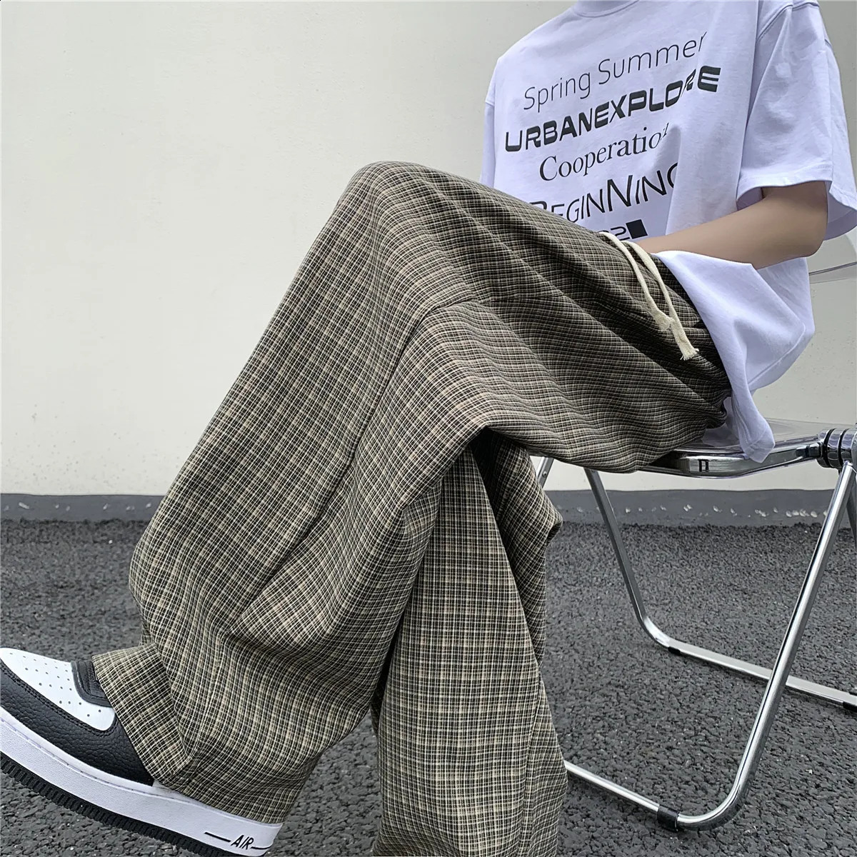 SummerAutumn Plaid Pants Men Loose Casual Straight Trousers for MaleFemale Harajuku Hip-hop Streetwear Wide-leg Mopping Pants 240814