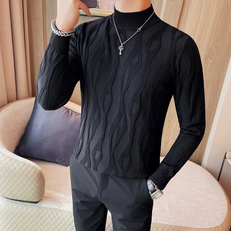 2023 autumn and winter jacquard mens sweater long sleeved slim fit half turtle neck sweater fashionable casual business knit zipperW240729