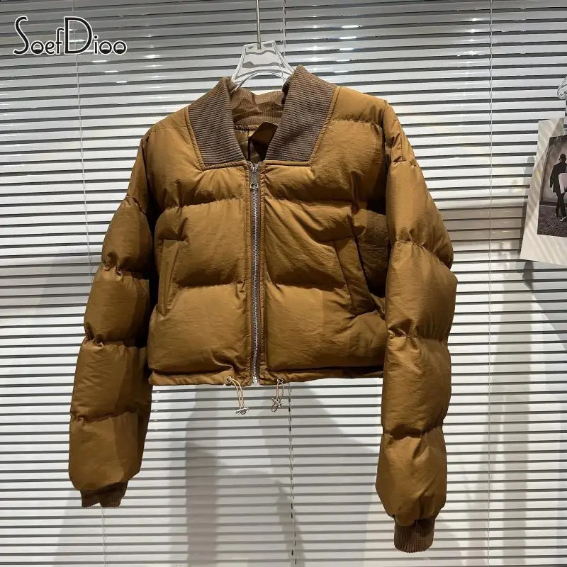 Soefdioo Casual Solid Ribbed V-Neck Zip-Up Padded Jackets Women Winter Streetwear Fashion Keep Warm Short Parkas Down Coat 240813