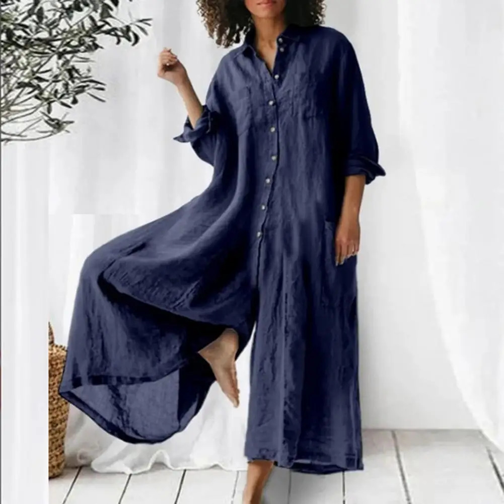 Women Jumpsuit Spring Summer Turndown Collar Loose Cotton Linen Breathable Casual Wide Legs Pants Long Romper Daily Wear 240813