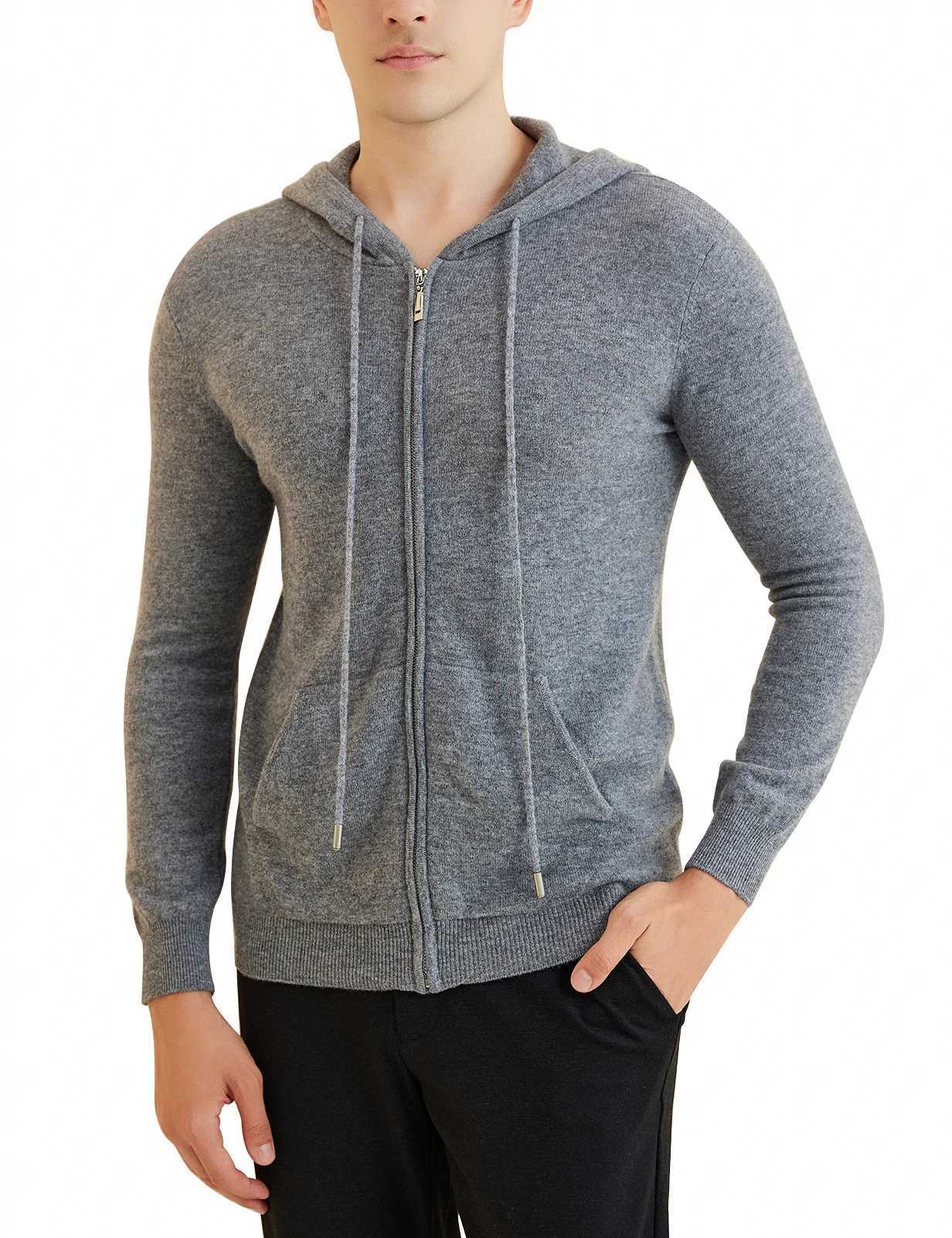 Long sleeved sweater mens cardigan hooded sweatshirt 100% Merino wool 2023 autumn and winter warm long sleeved zipper sweatshirt hooded jacketW240729