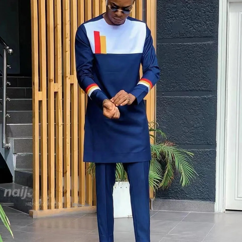 African Mens Clothing Mens Suit Two-Piece Pants Set Round Neck Stitching Solid Color Long Sleeves Festival Social Ethnic Style 240813