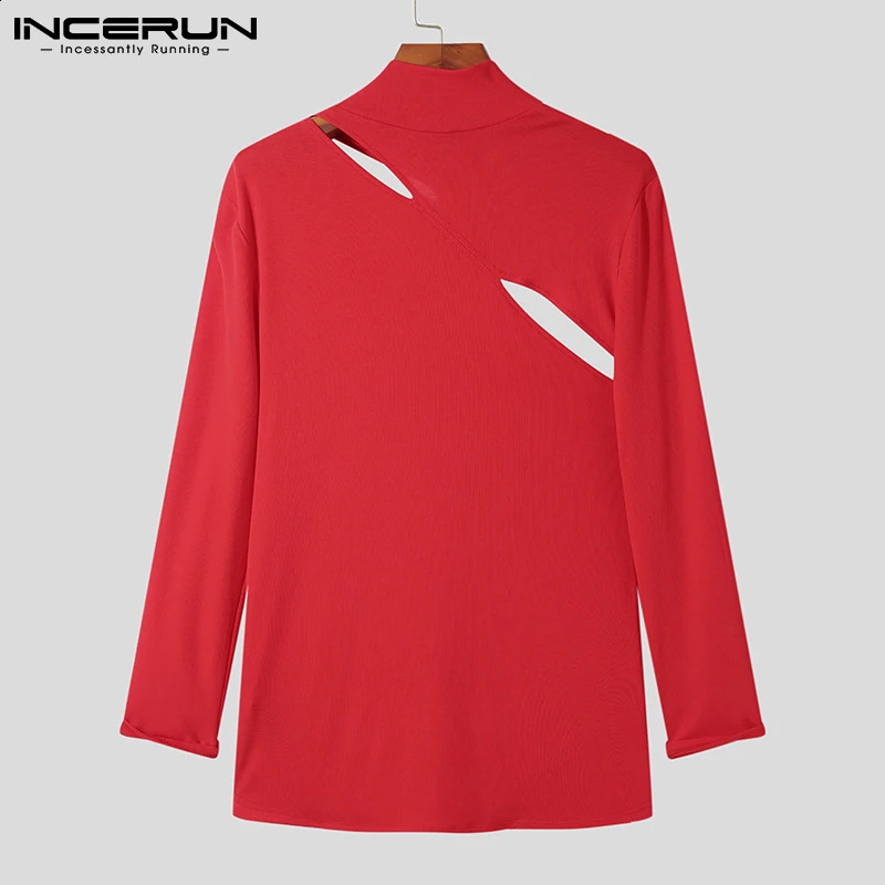 INCERUN Fashion Men T Shirt Turtleneck Solid Color Long Sleeve Hollow Out Casual Men Clothing Streetwear Sexy Camisetas S-5XL 240814