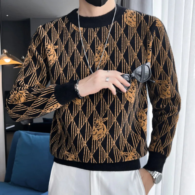 Autumn Sweater For Men Knitted Round Neck Sweater Korean Style Fashion Letter Stitching Sweater Mens Pullover Sweater Pull Homme 240821