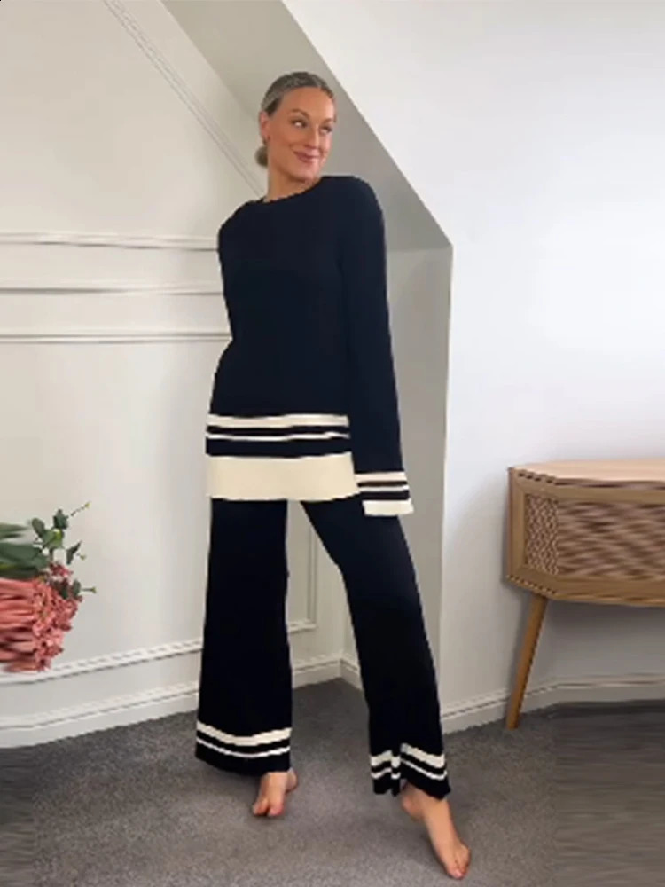 Loose Casual Striped Pant Set Women Elegant Long Sleeve Top Loose Wide Leg Trousers Autumn Elastic Two Piece Suit Outfit Lady 240813