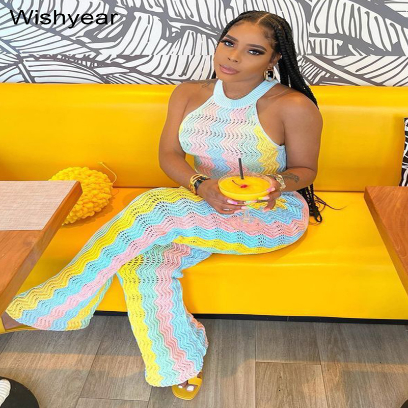Fashion Rainbow Stripe Knit Ribbed Outfit Women Sleeveless Tank Cargo Top and Flared Pants Two 2 Piece Set Streetwear Tracksuit 240813