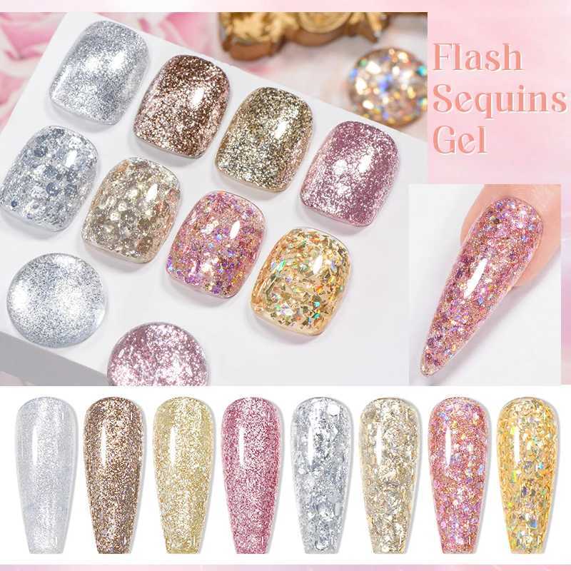 MEET ACROSS 8ml Pink Glitter Sequins Gel Nail Polish Shiny Sparkling Platinum Silver Semi Permanant Nail Art Gel Varnish NailsM240814