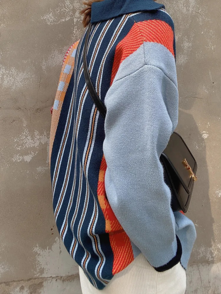 EWQ Big Size Knitted Cardigan Women 2024 Spring Korean Chic Tops Versatile Patchwork Contrast Color Plaid Sweater Coat Female 240813