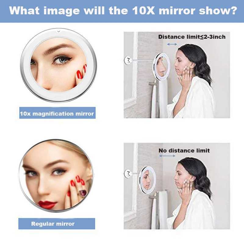 360 degree rotating 10X magnifying LED makeup mirror compact suction cup folding makeup mirror with LED light makeup tool W240813