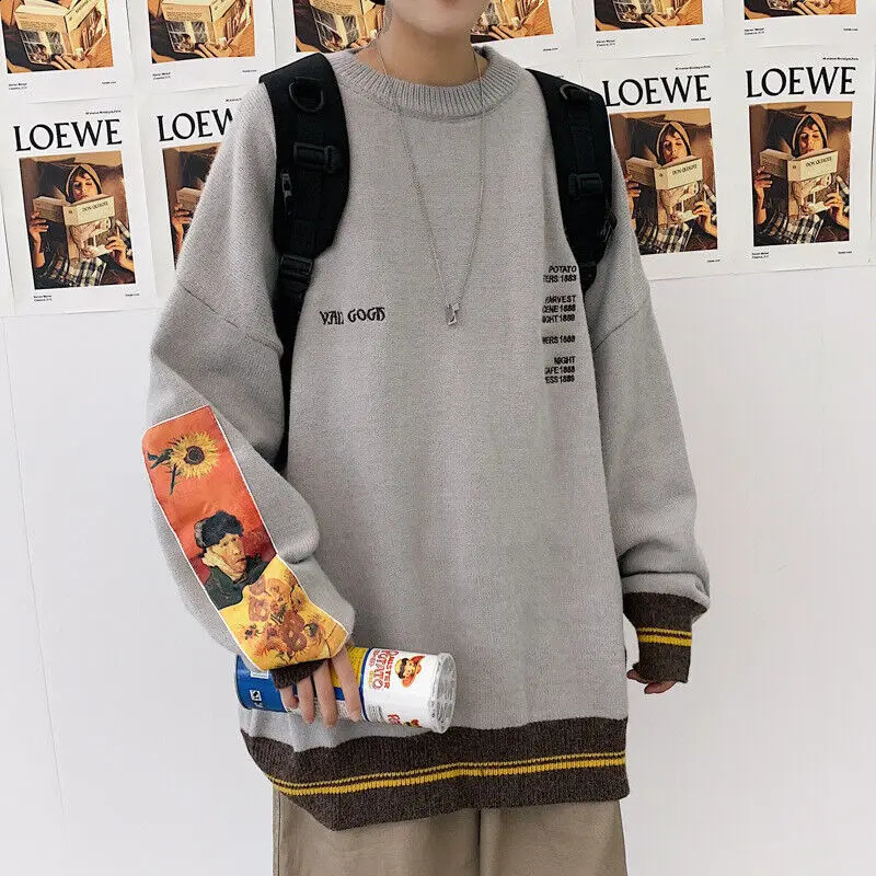 Men Sweater Pullover Print Van Gogh Embroidery Knitted Sweater Long Sleeve 240821