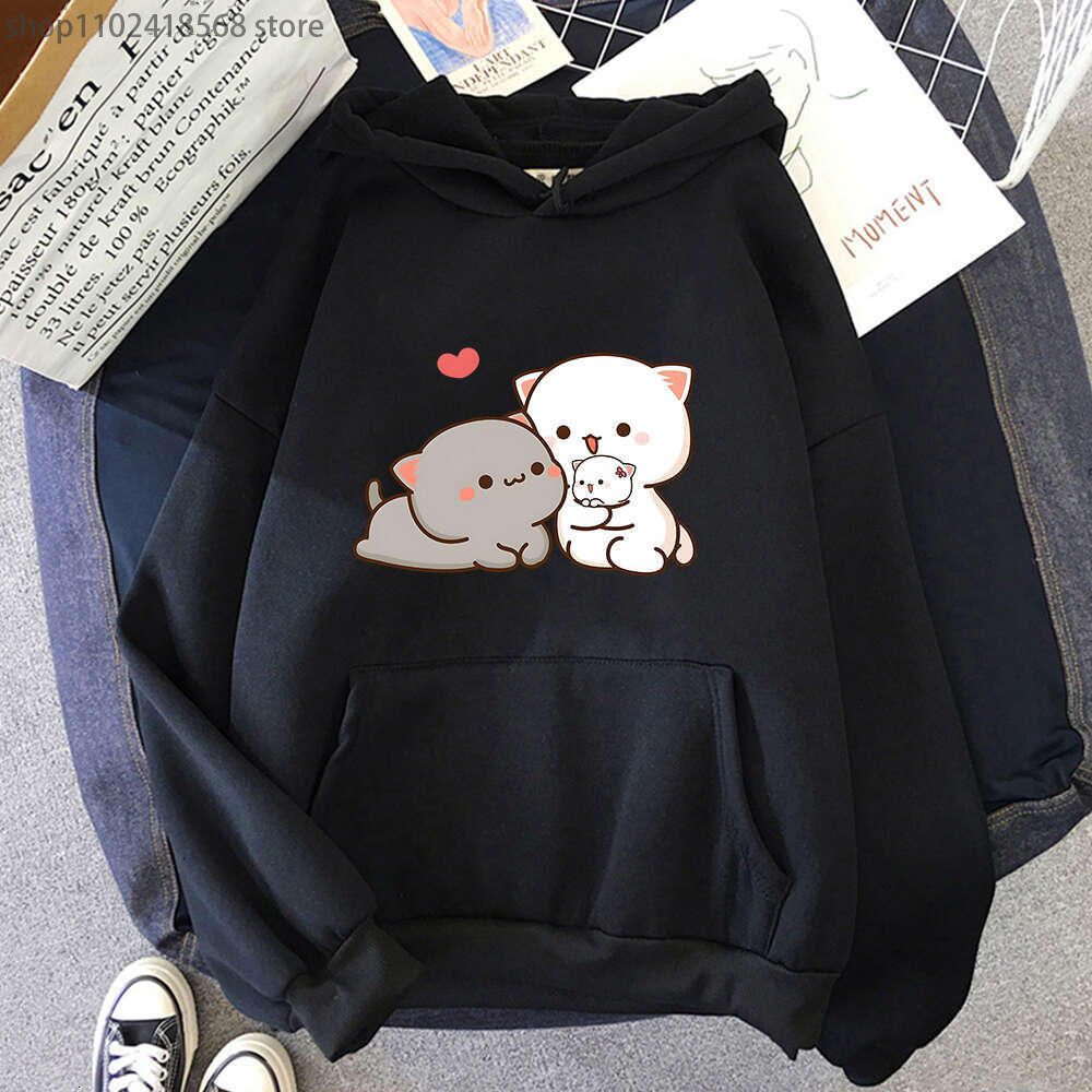 Peach Women Cat Hoodies Funny Mochi Plus Size Sweatshirt Haruku Kawaii Cartoon Female Long Sleeve Streetwear Clothes Tops