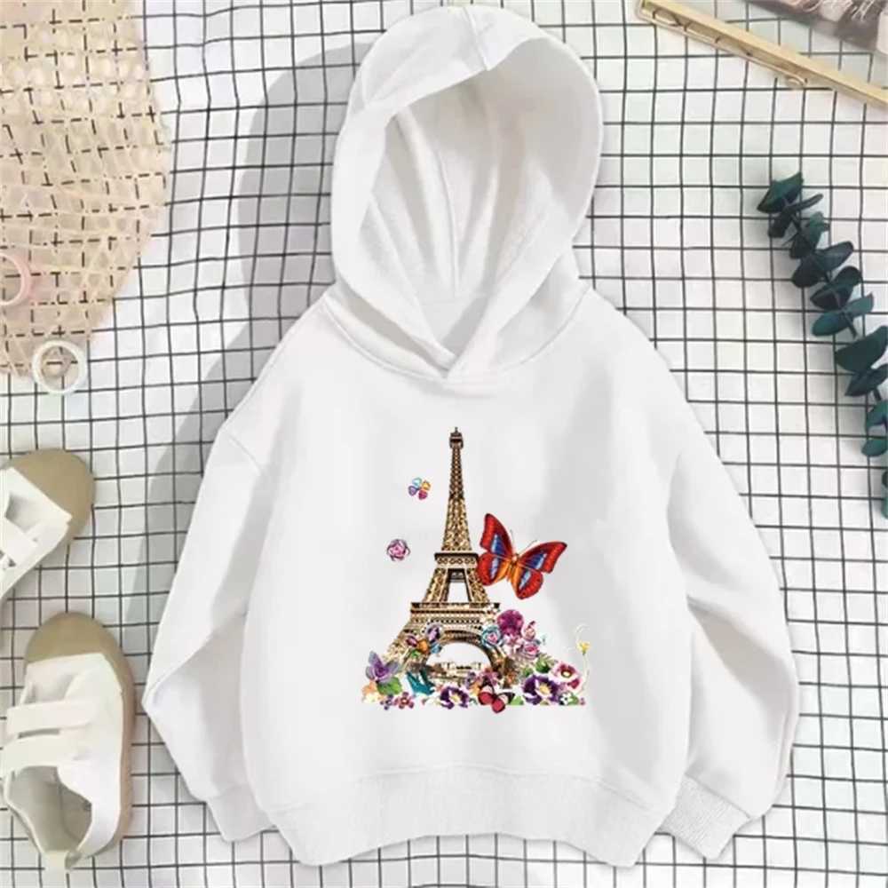 Eiffel tower butterfly Childrens Hoodie Boy Girls Coat Long Sleeve Sweatshirt Leisure Clothing Age 3-12 Toddler autumn TopY240814