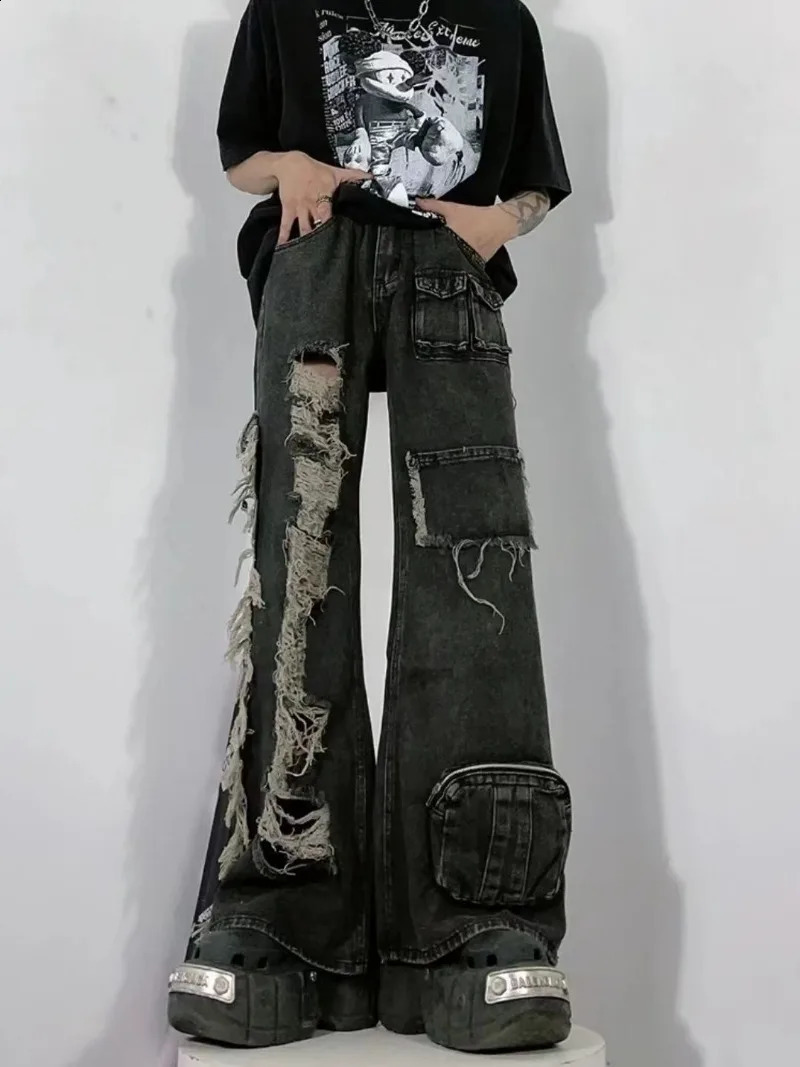 Heavy-wash Distressed Multi-pocket Straight-leg Jeans American Retro Street Wide Leg Jeans Harajuku Style Hip Hop Trousers 240821