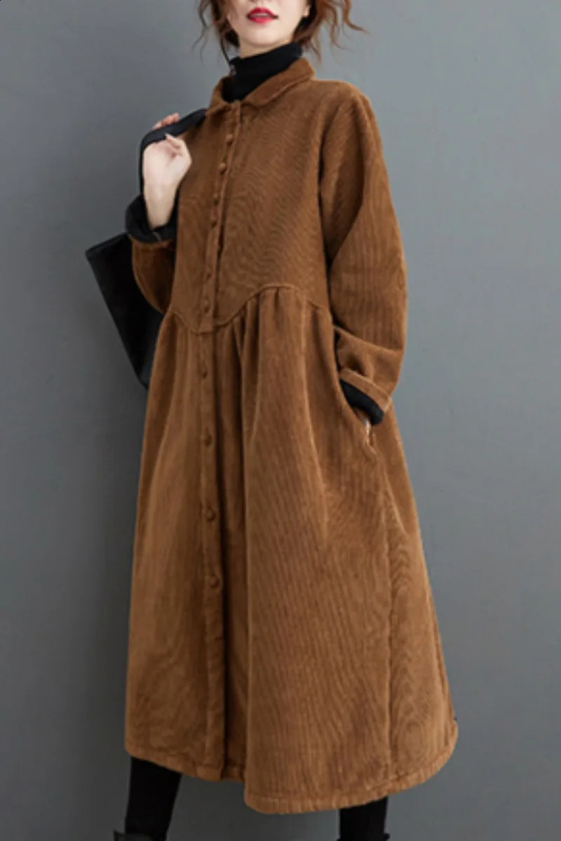 2024 Winter Women Trench Fleece Long-sleeved Loose Corduroy Solid Color Vintage Fashion Casual Women Long Warm Coat YoYiKamomo 240813