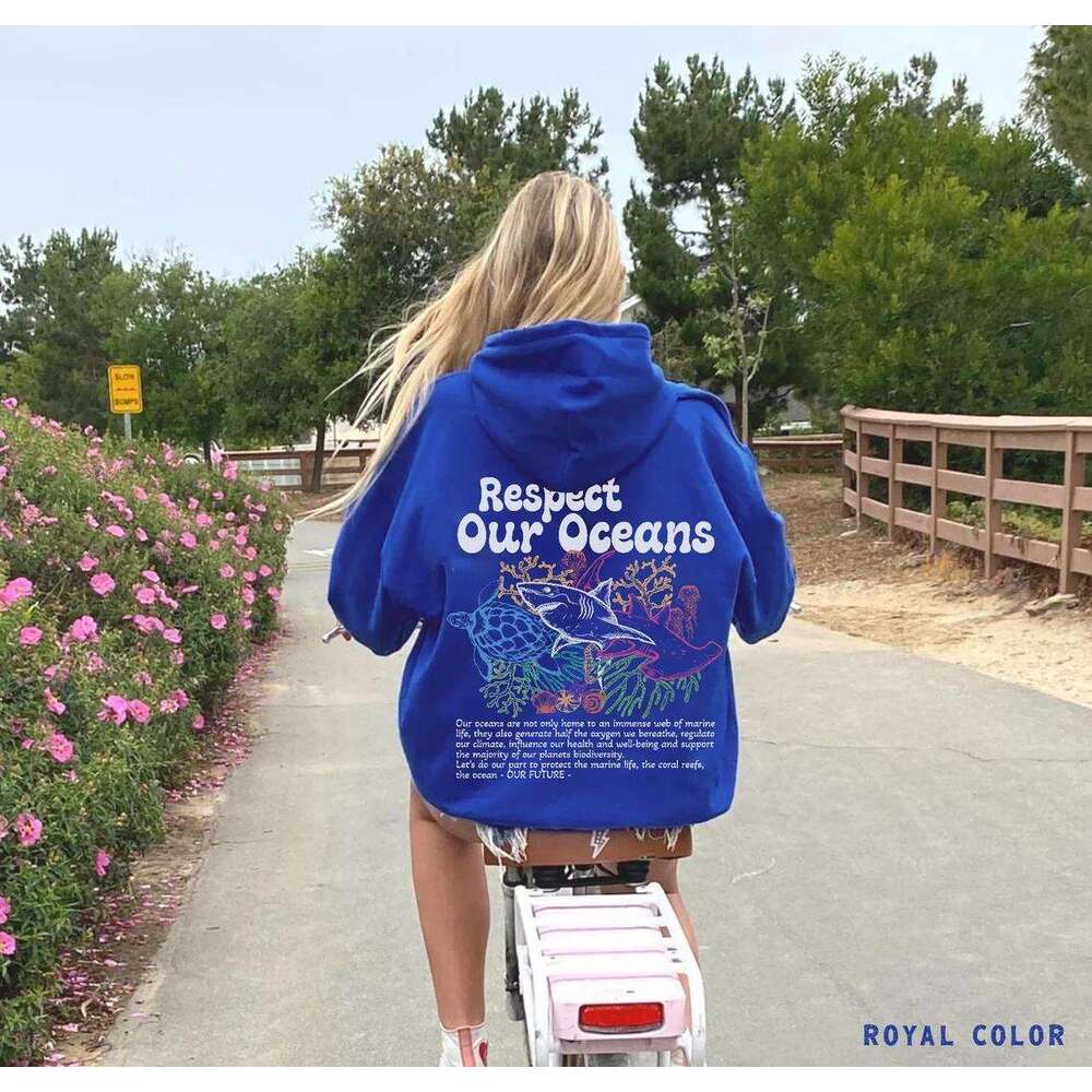 Respect Our Oceans Manga Hoodie Women Unisex Oversized Long Sleeves Sweatshirts Shark Save The Ocean Cartoon Print Streetwear