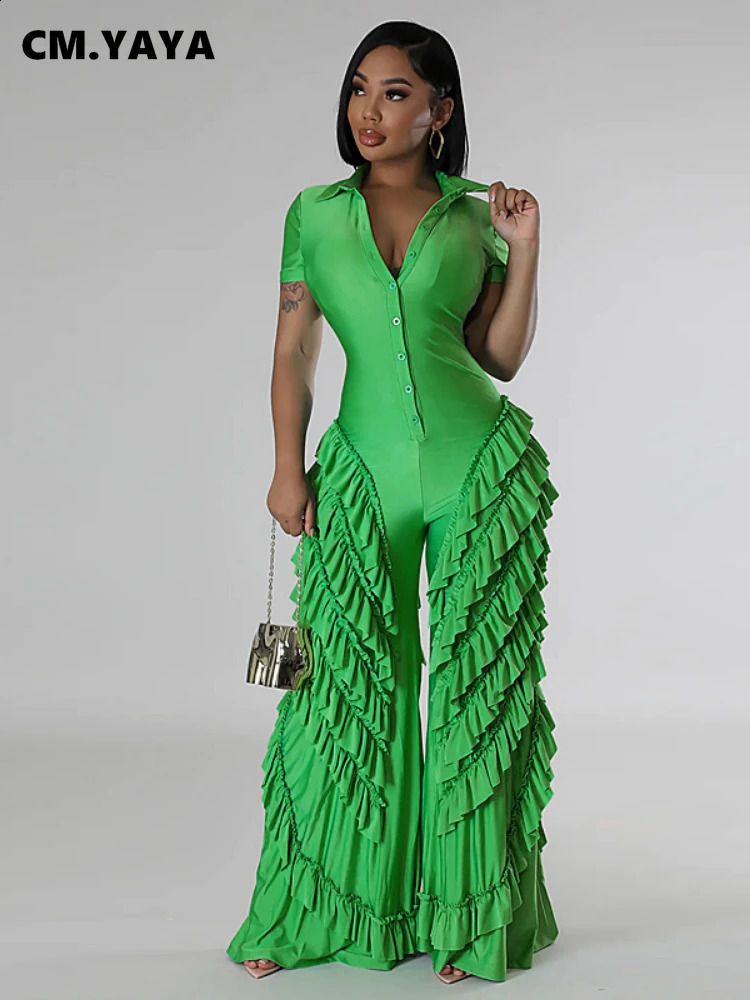 CM.YAYA Fashion Women Mult Ruffles Short Sleeve Zipper Fly Wide Leg Shirt Jumpsuit 2024 Streetwear Romper One Piece Set Playsuit 240813