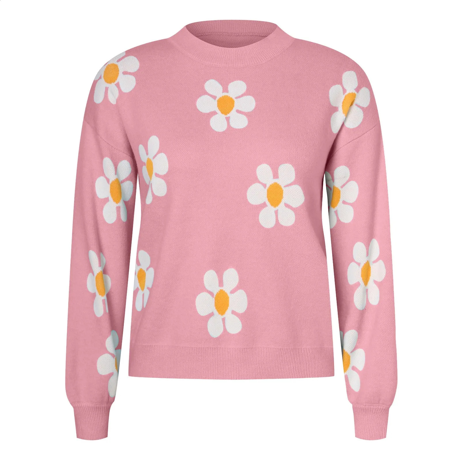 2024 Fall Sweater Women Fashion Round Neck Flower Printed Long Sleeve Ribbed Knitted Pullover Top Autumn Winter Outfits 240814