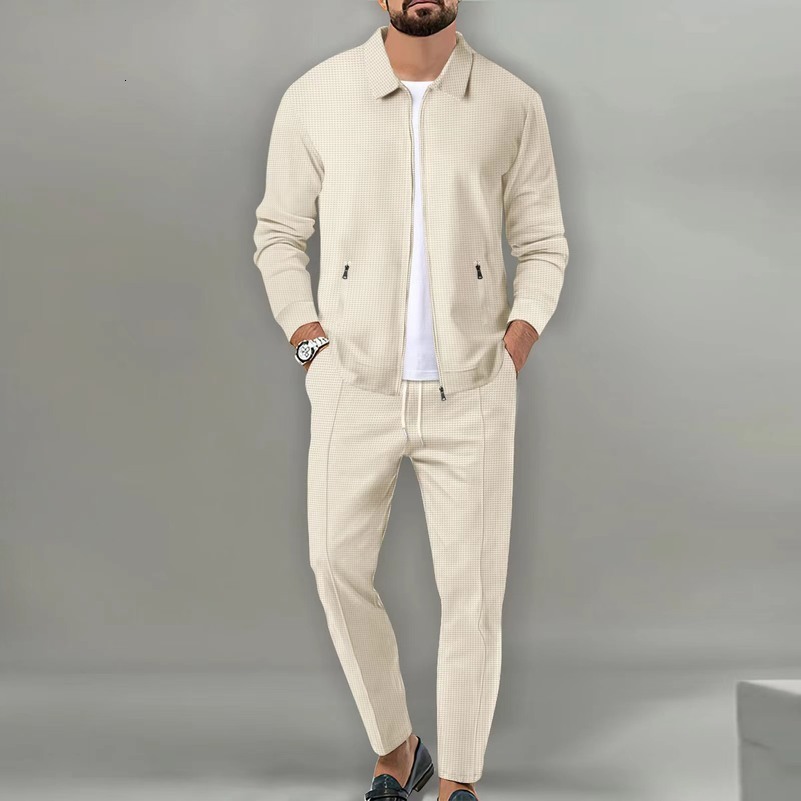 Spring Autumn Mens Two Piece Set Solid Waffle Zipper Pocket Turn-down Collar Slim Fit Cardigan Coat And Long Pants Mens Suits 240813