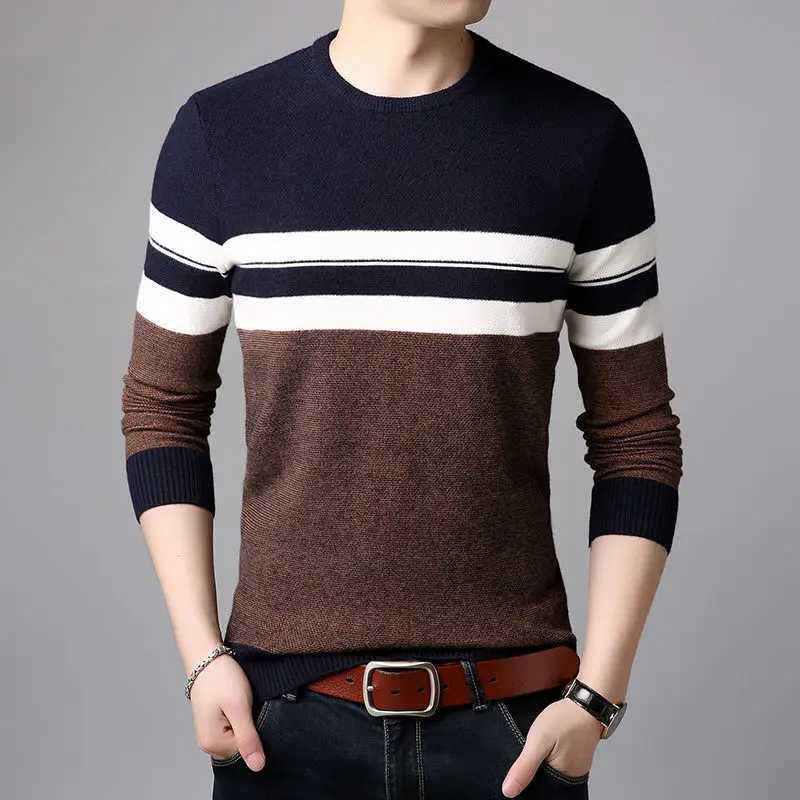 New autumn and winter Korean casual round neck sweater with solid stripes stitched thread pattern long sleeved knitted topW240729