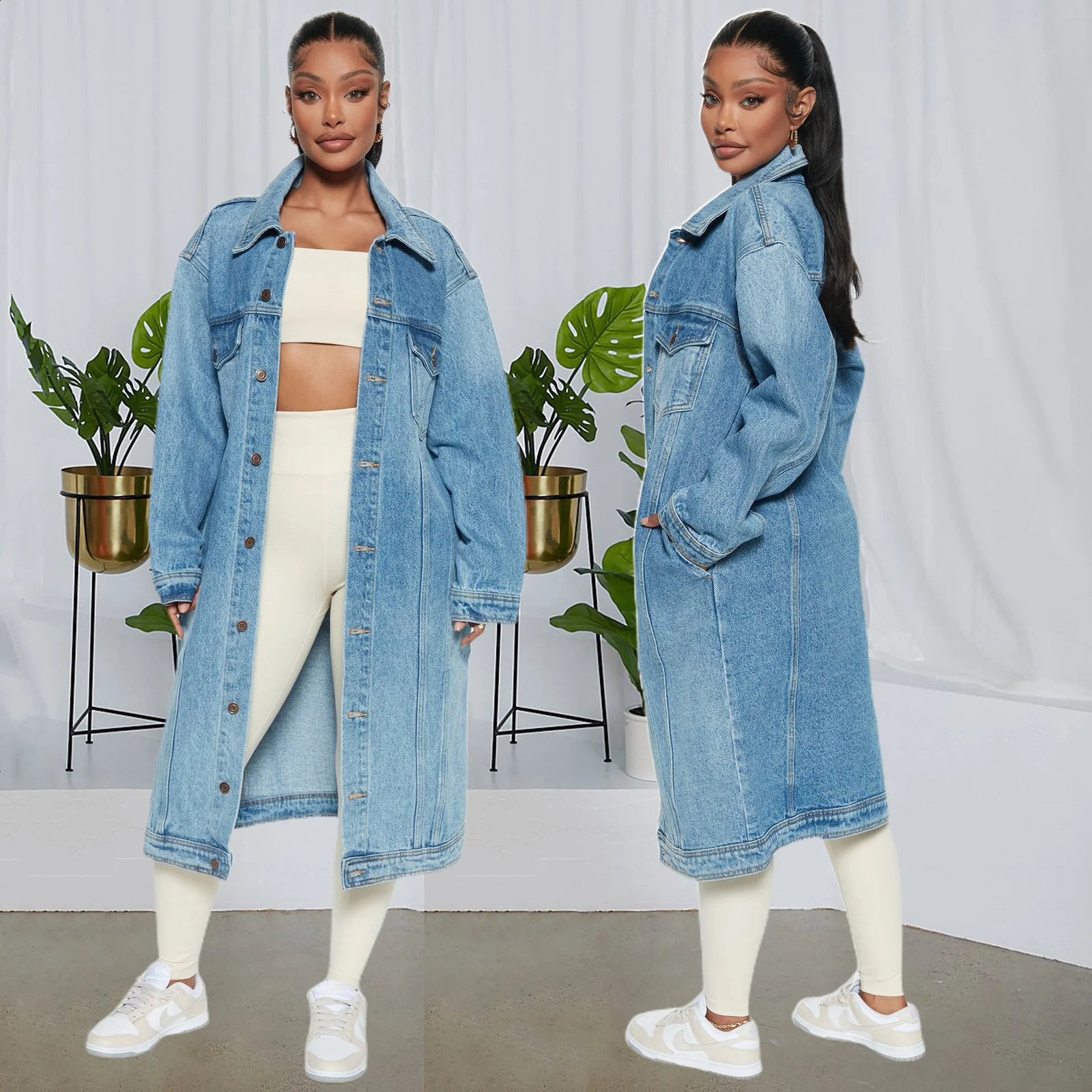 Fashion Extra Long Autumn Winter Sky Blue Denim Jackets for Women Trench Coat Fall Loose Cardigan Jeans Cape Veste Femme 240813