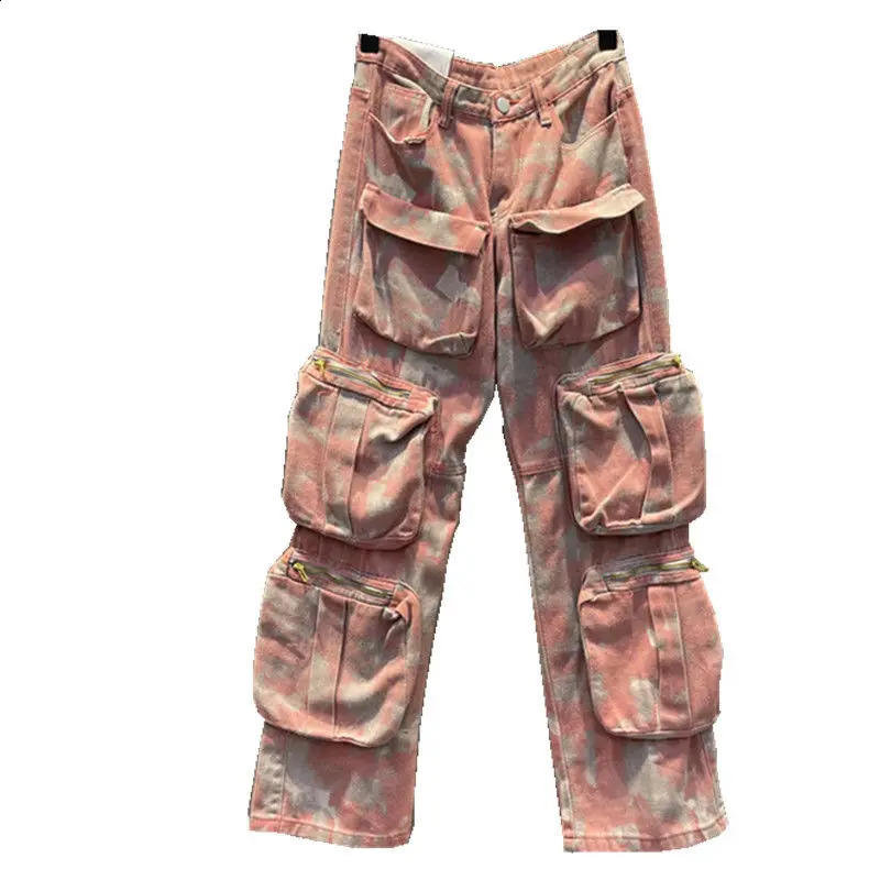 Retro Pink Camouflage Pants Punk Harajuku Baggy Jeans Multi Pocket tie Overalls Trousers Hip Hop Fashion Leisure Streetwear 240814