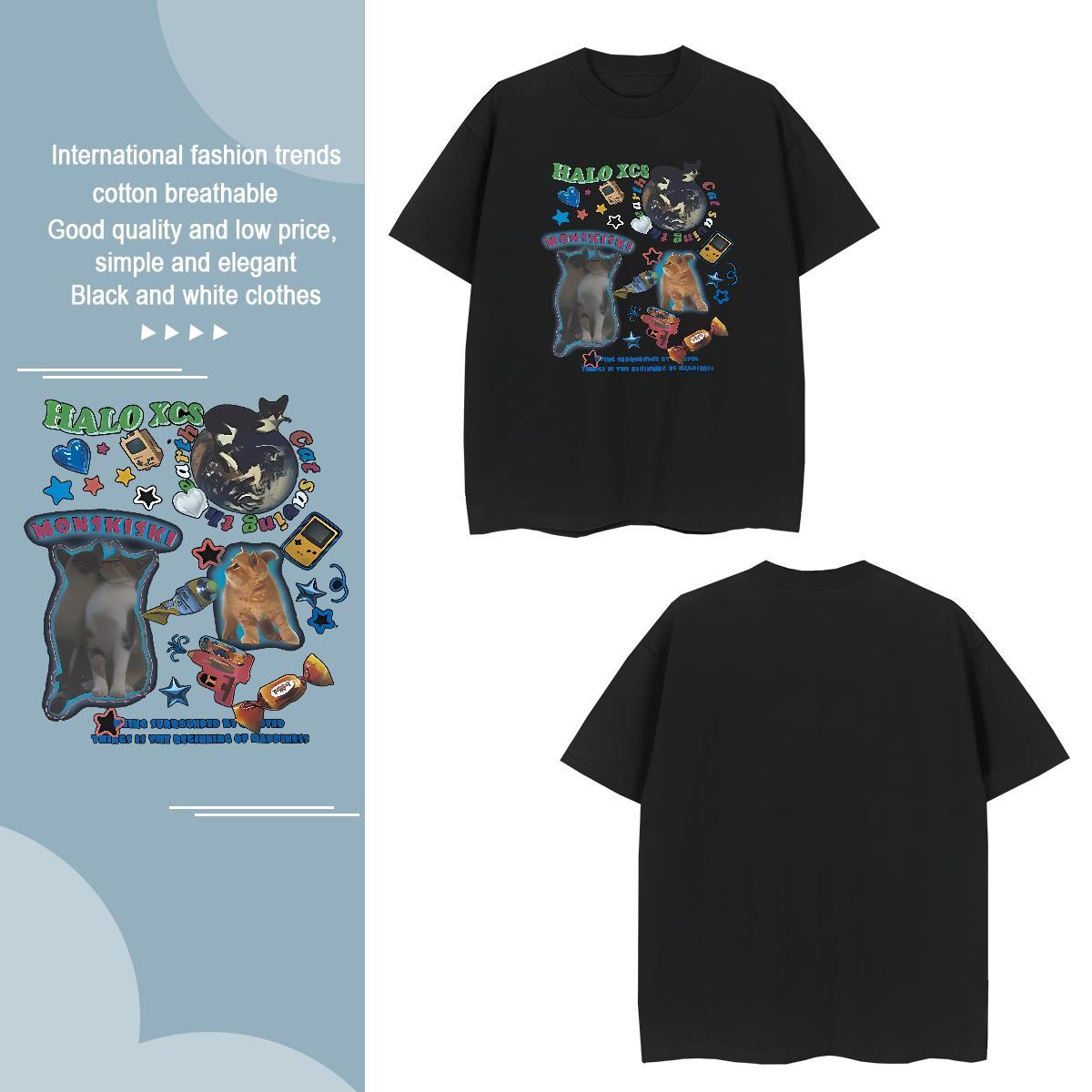 Unisex T-Shirts cat O Neck Short Sleeves Anime Printing Street Plus Size Cartoon 100% Cotton 230g Mens Tshirts 2024 New Clothes