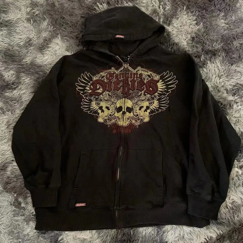 Y2k Vintage Gothic Fashion Skull Print Zip Up Hoodies Autumn Winter Hip Hop Long Sleeve Coats Loose Hooded Sweatshirt Women 240813