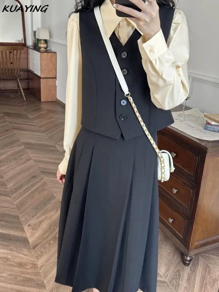 Elegant solid vest set womens fashionable long sleeved topshort Aline skiing twopiece street clothing autumn 240809