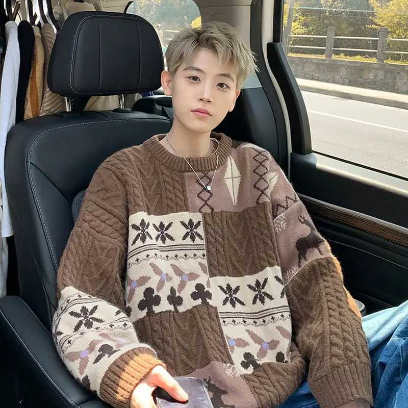 Korean lightweight brown sweater lazy high-end mens autumn and winter loose mens knitted jacket oversized topW240729