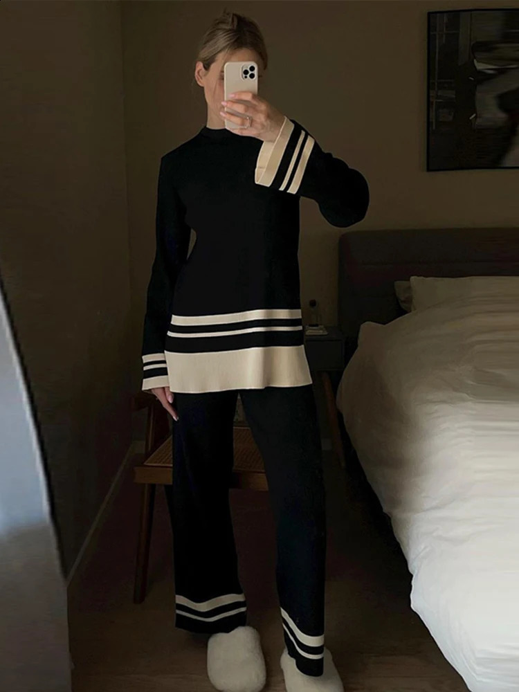 Loose Casual Striped Pant Set Women Elegant Long Sleeve Top Loose Wide Leg Trousers Autumn Elastic Two Piece Suit Outfit Lady 240813
