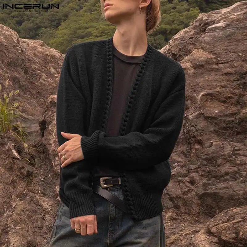 Mens Cardigan Patchwork Knitted Open Stitch Streetwear Long Sleeve Sweaters Korean Fashion Casual Male Outerwear INCERUN 240816