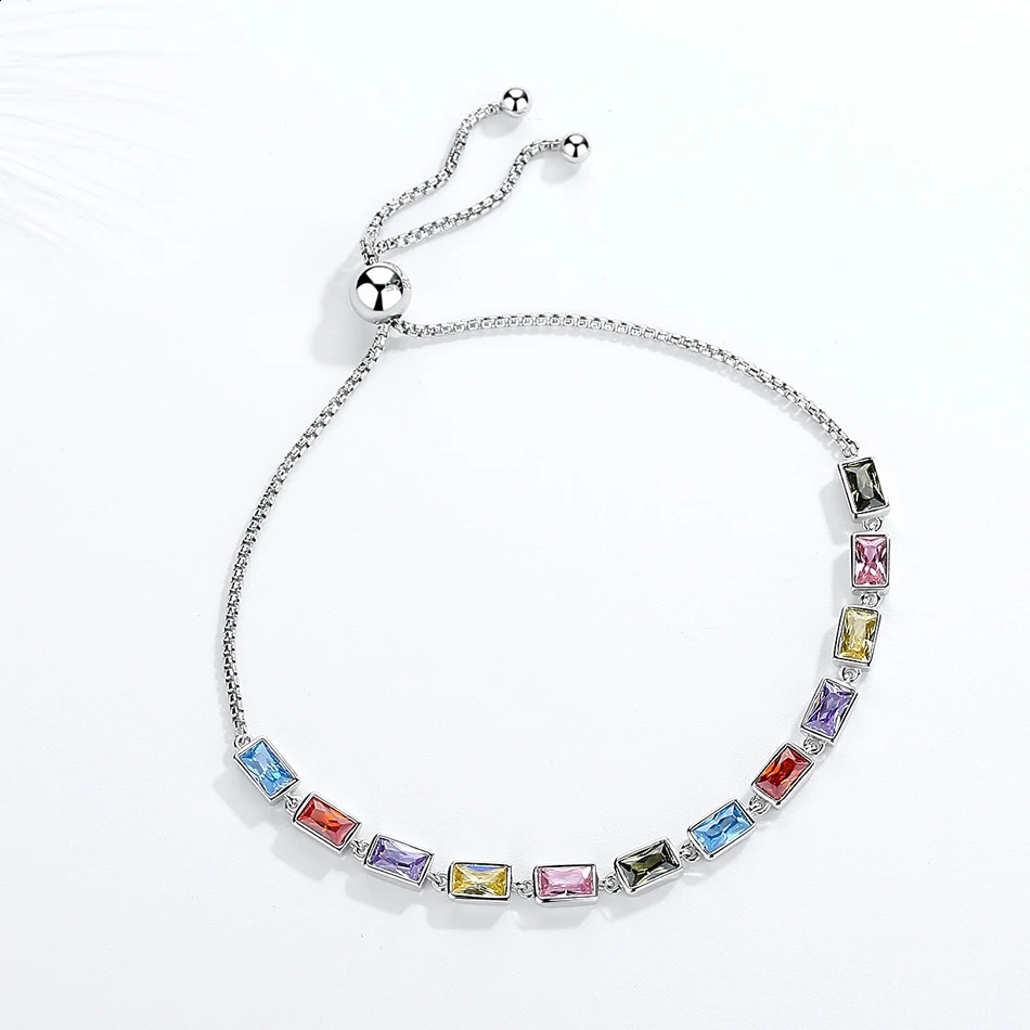 KALETINE 925 Sterling Silver Tennis Bracelets for Women Square Rainbow Stone CZ Charm Bracelet Adjustable Men Jewelry Bohemian 240813
