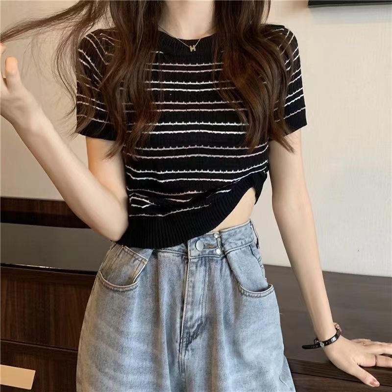 Womens short-sleeved striped O-neck Fashion knits SML