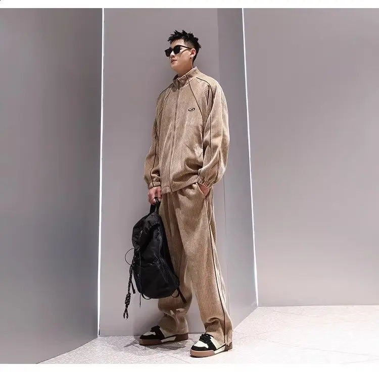 Sportswear mens jacket Corduroy autumn winter plush jacket casual pants two-piece set Pantalon Pour womens sportswear240813