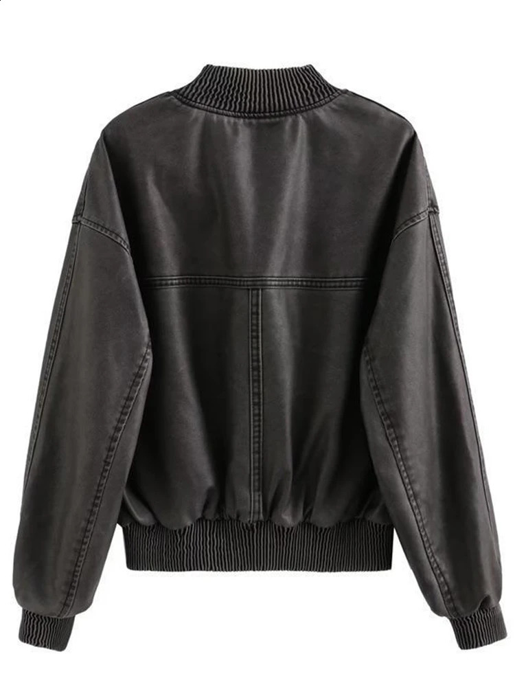 Bomber Leather Jacket Woman Fashion Faded-Effect Coat Vintage Casual Long Sleeve Outerwear Loose High Street Zip Jacket 240813