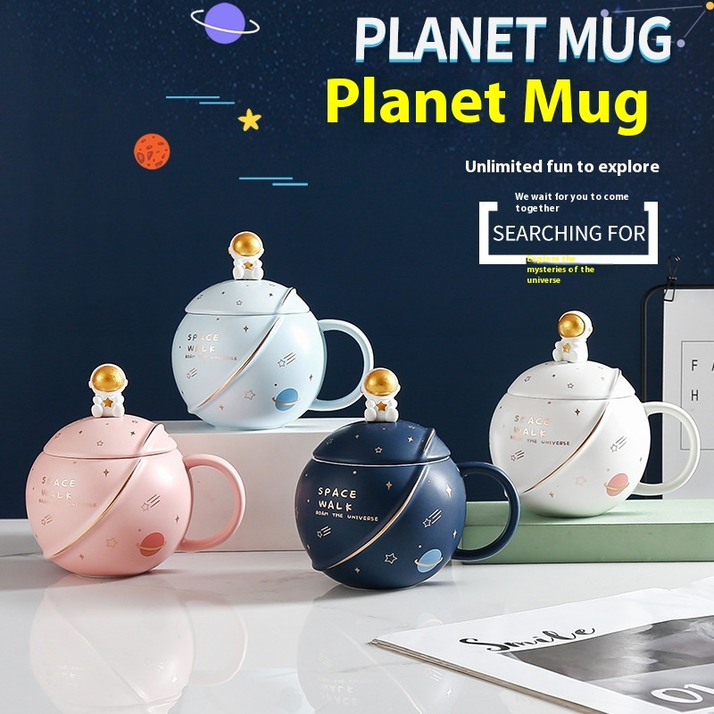 Ceramic Coffee Mug Set with Protective Lid, Astronaut Design, perfect for gift