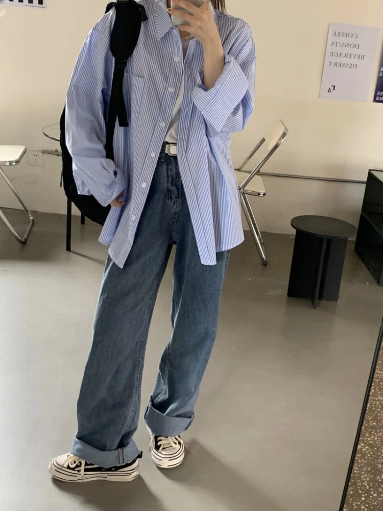 S-5XL Women Shirts Stripped Baggy American Preppy Style Pocket Trendy Versatile Elegant Streetwear Students Daily Cozy Aesthetic 240814