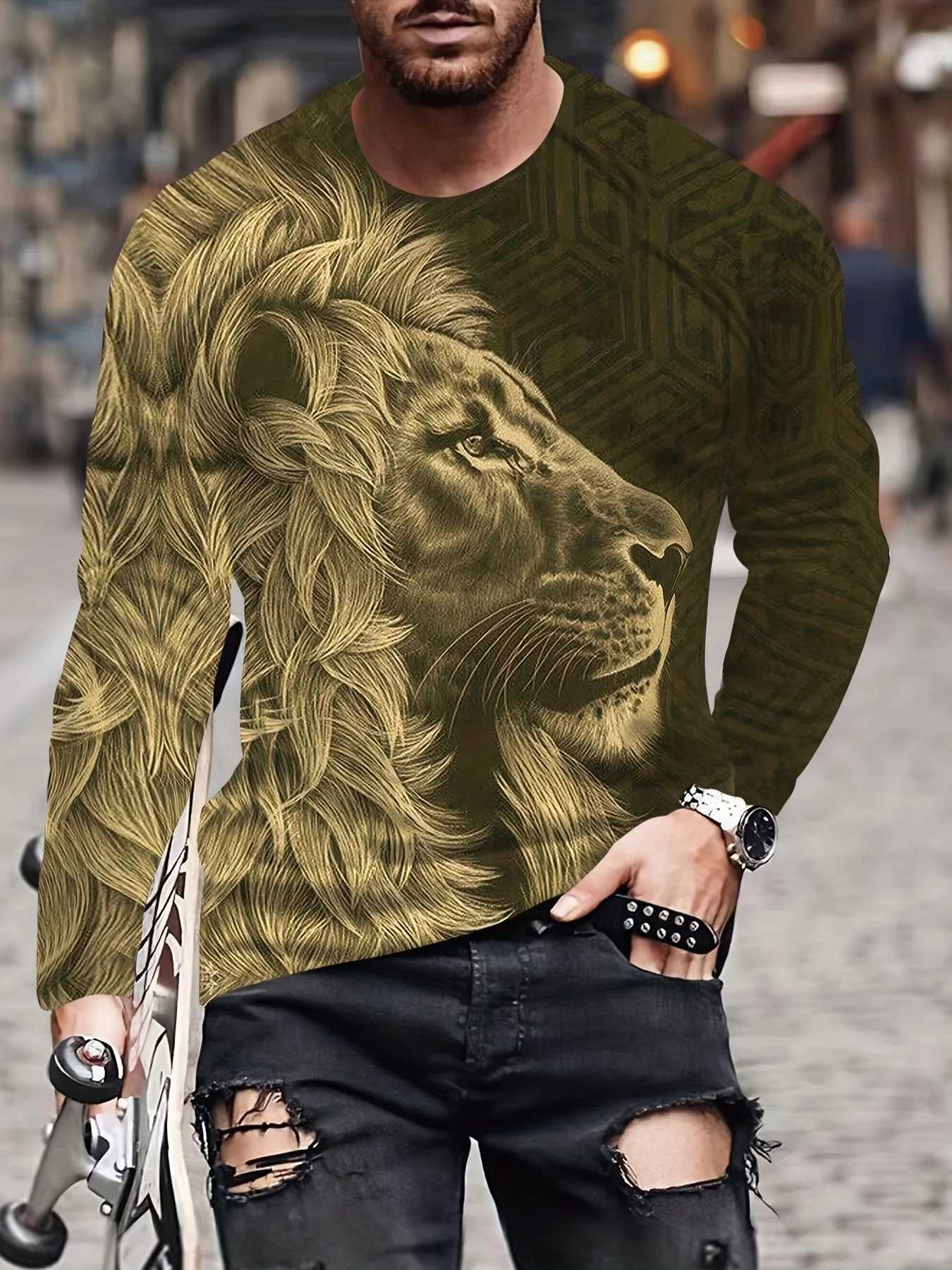 3d Lion Print Long Sleeved Mens T-Shirt Summer Quick Dry Cotton T-Shirt For Men Streetwear Man Clothing Loose Oversized Tee TopM240814