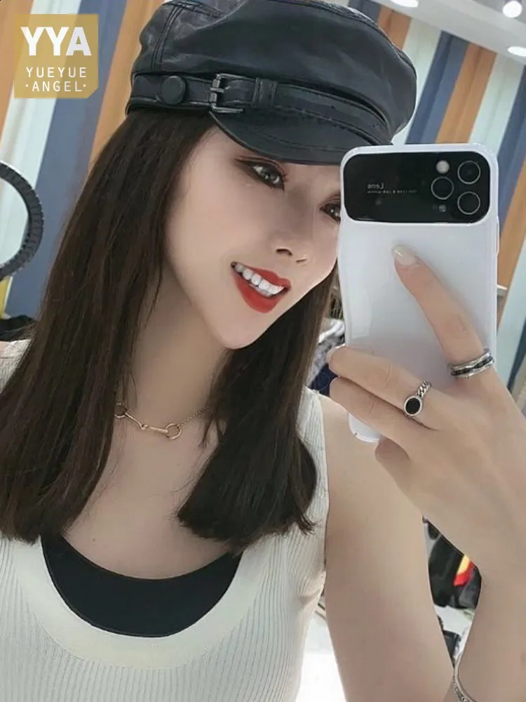 Womens retro denim jacket genuine leather beret fashionable flat top military hat spring and autumn windproof 240812