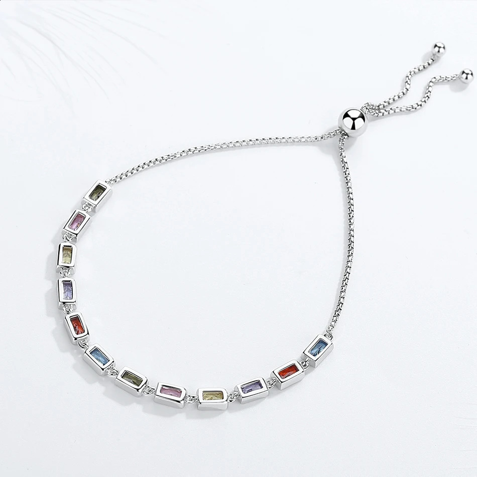 KALETINE 925 Sterling Silver Tennis Bracelets for Women Square Rainbow Stone CZ Charm Bracelet Adjustable Men Jewelry Bohemian 240813
