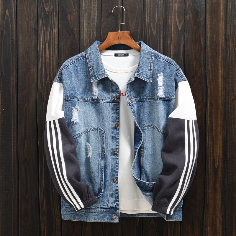 ABOORUN striped patchwork denim jacket mens streetwear ripped hole jacket casual jacket mens240813