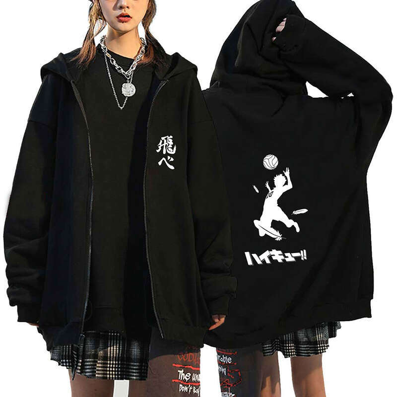 Japan Haikyuu Anime Men Women Zipper Hoodie Karasuno High School Plus Size Sweatshirt Haruku Unisex Long Sleeve Zip Up Jacket